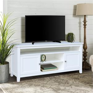 Solid Wood Entertainment / TV Stand with Open Shelves and 2 Doors in White