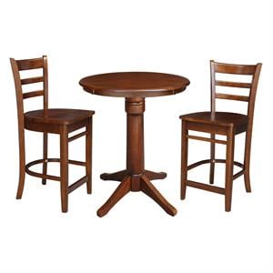 30&quot Round Solid Wood Pedestal Counter Height Table in Espresso & 2 Stools
