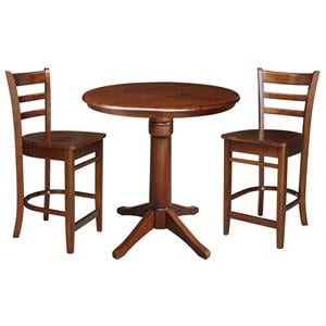 36&quot Round Solid Wood Pedestal Counter Height Table in Espresso & 2 Stools