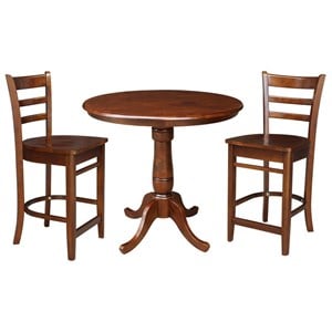 36&quot Round Solid Wood Pedestal Counter Height Table in Espresso & 2 Stools