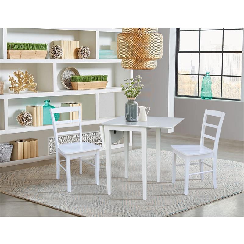 Small Wood Dual Drop Leaf Dining Table with 2 Madrid Ladderback Chairs in White
