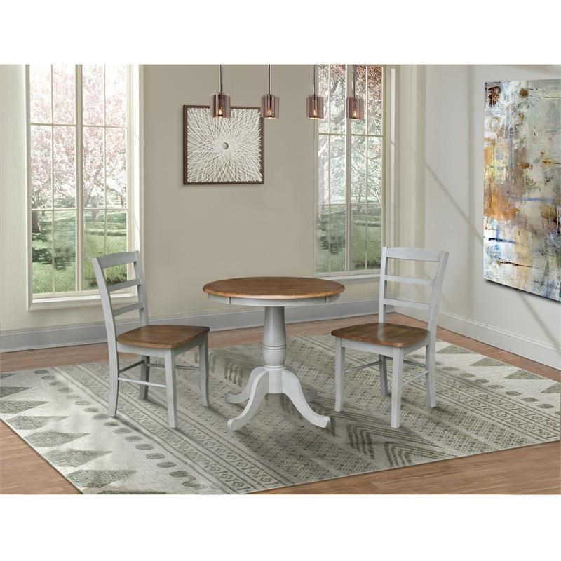 Wood Dining Table with 2 Madrid Ladderback Chairs in Distessed Hickory/Stone