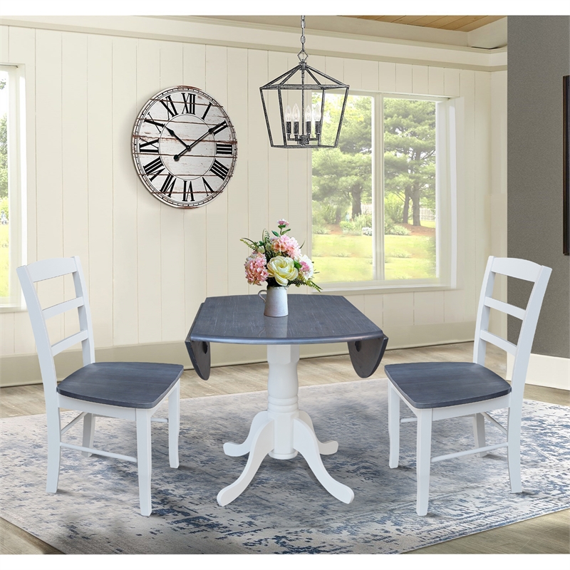 42 in. Wood Dining Table with 2 Madrid Ladderback Chairs in White/Heather Gray