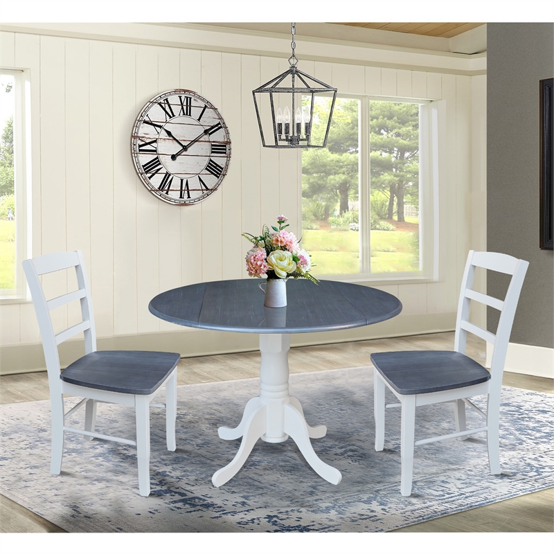 42 in. Wood Dining Table with 2 Madrid Ladderback Chairs in White/Heather Gray