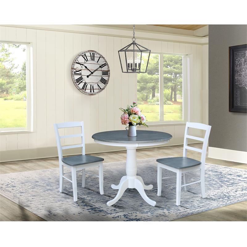 36 in. Wood Dining Table with 2 Madrid Ladderback Chairs in White/Heather Gray