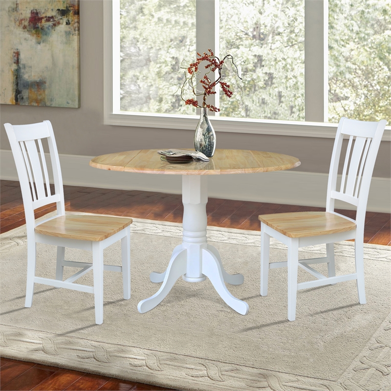 42 in. Wood Drop Leaf Table with 2 San Remo Splatback Chairs in White/Natural