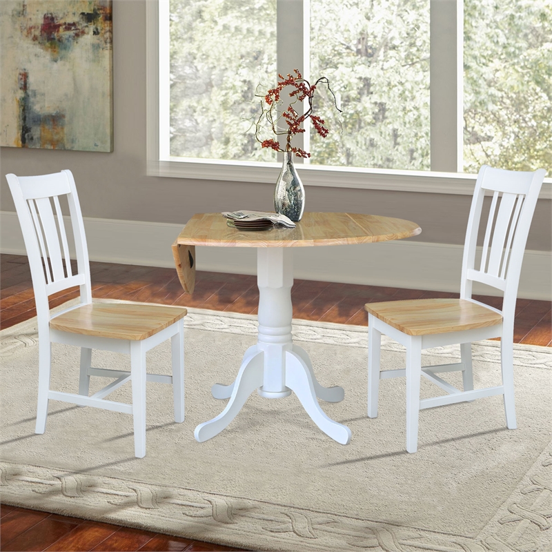 42 in. Wood Drop Leaf Table with 2 San Remo Splatback Chairs in White/Natural