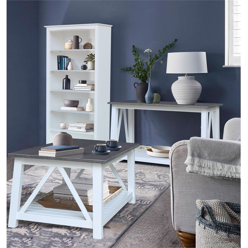 Surrey Solid Wood Coffee Table with Shelf - White/Heather Gray