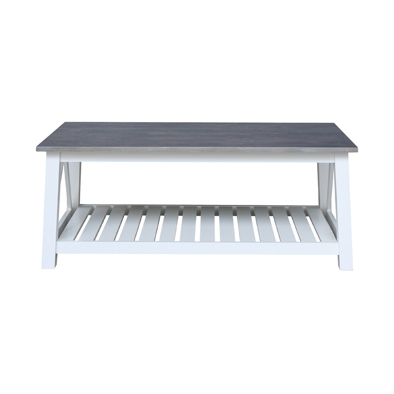 Surrey Solid Wood Coffee Table with Shelf - White/Heather Gray