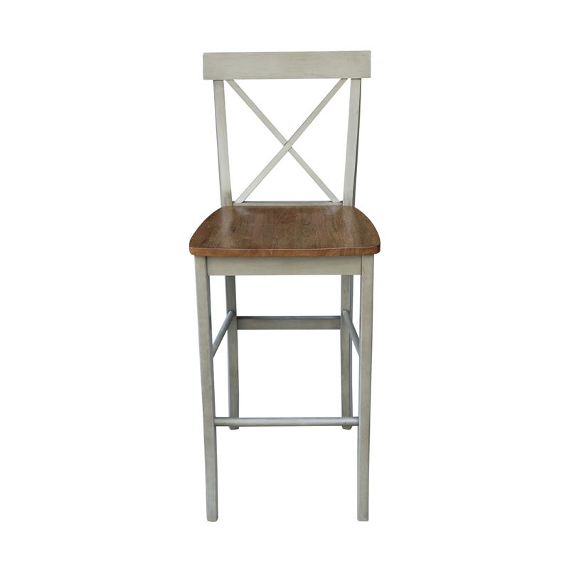 X-back Solid Wood Bar Height Stool in Distressed Hickory/Stone