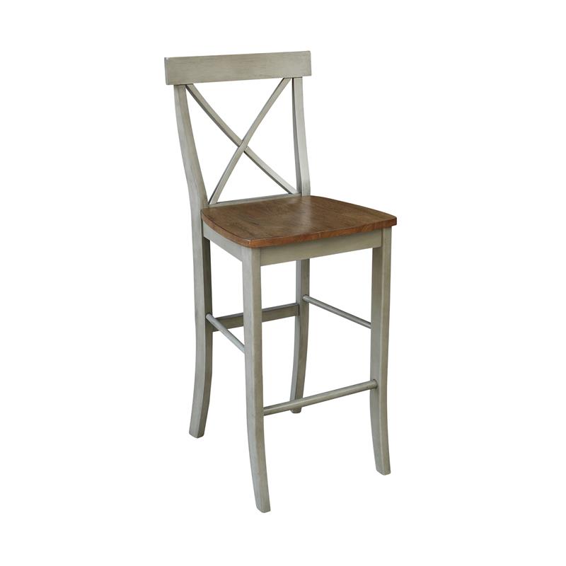 X-back Solid Wood Bar Height Stool in Distressed Hickory/Stone