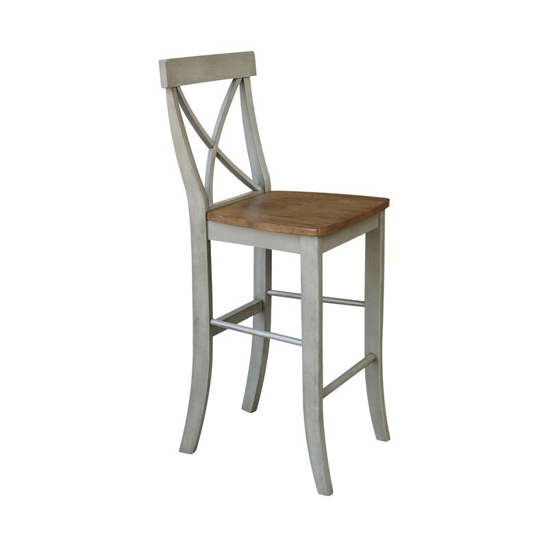 X-back Solid Wood Bar Height Stool in Distressed Hickory/Stone