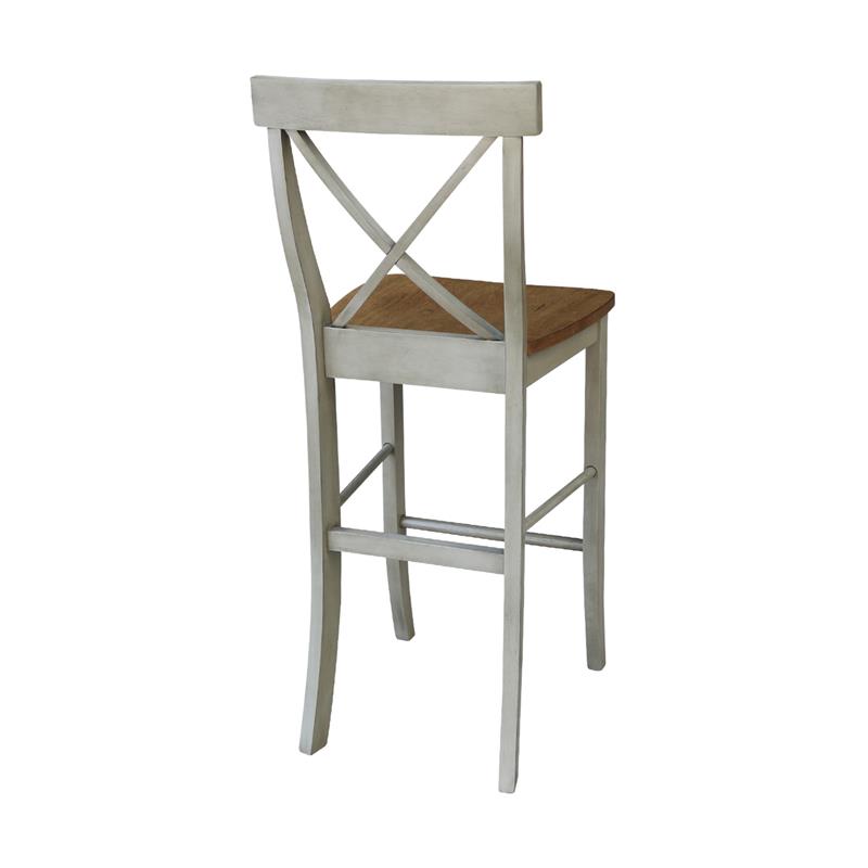 X-back Solid Wood Bar Height Stool in Distressed Hickory/Stone