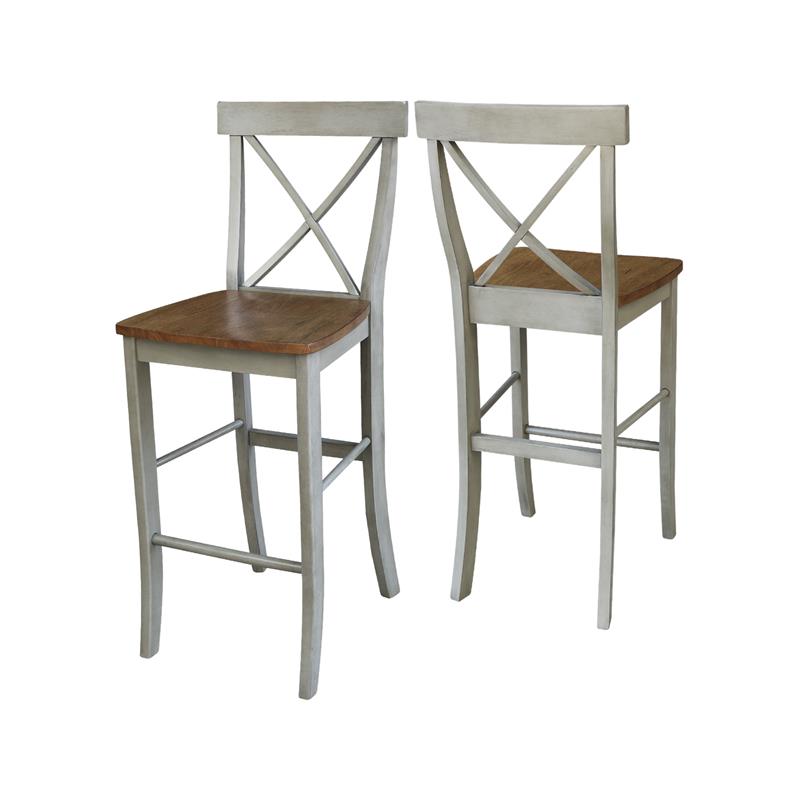 X-back Solid Wood Bar Height Stool in Distressed Hickory/Stone