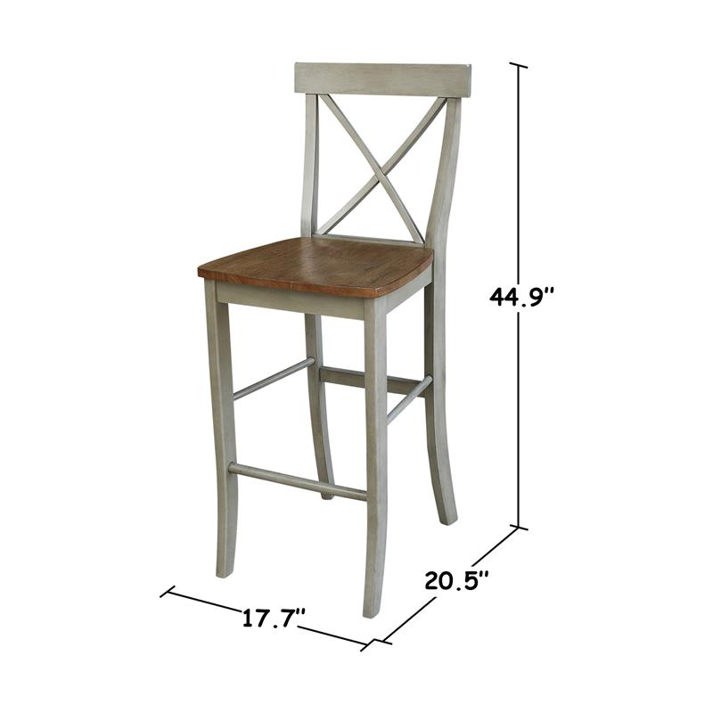 X-back Solid Wood Bar Height Stool in Distressed Hickory/Stone