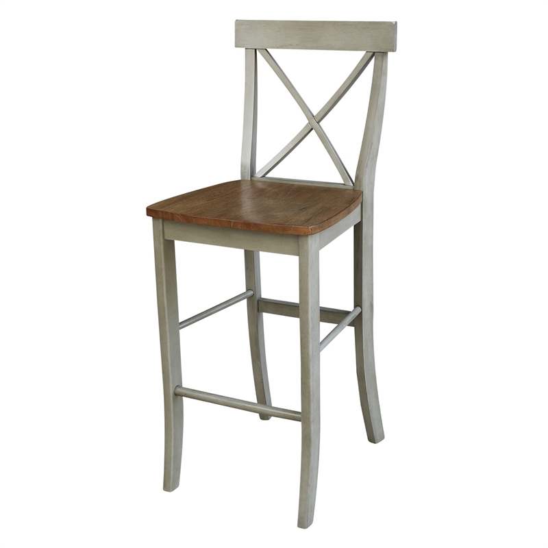X-back Solid Wood Bar Height Stool in Distressed Hickory/Stone