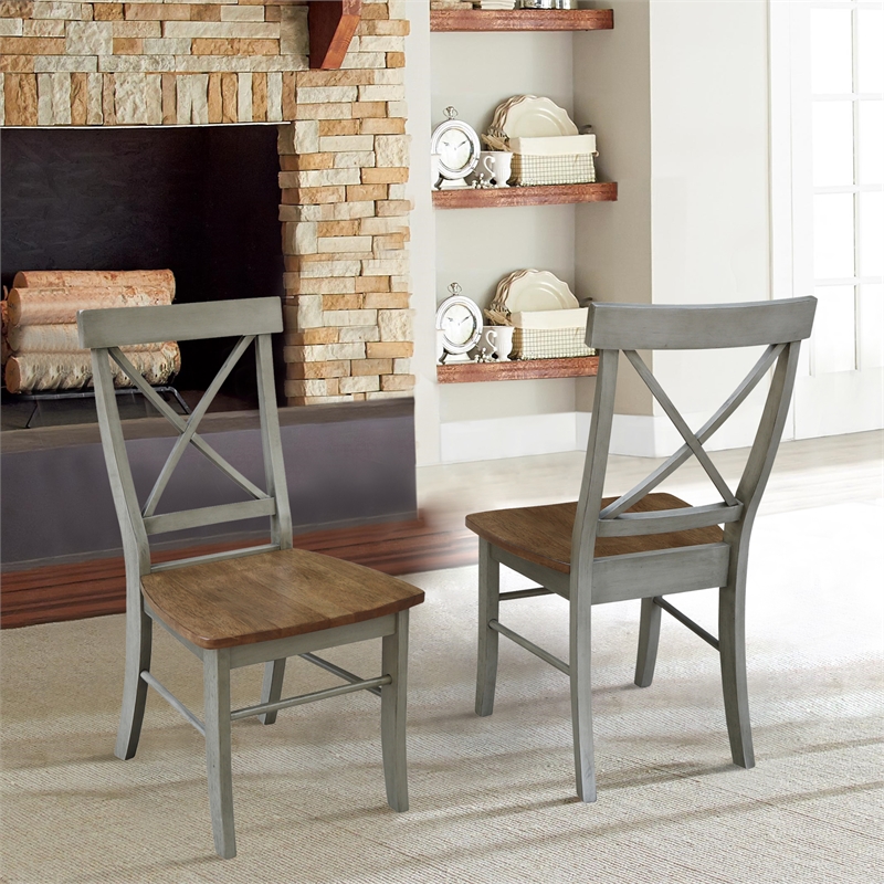 X-Back Solid Wood Chair in Distressed Hickory/Stone - Set of 2 Chairs