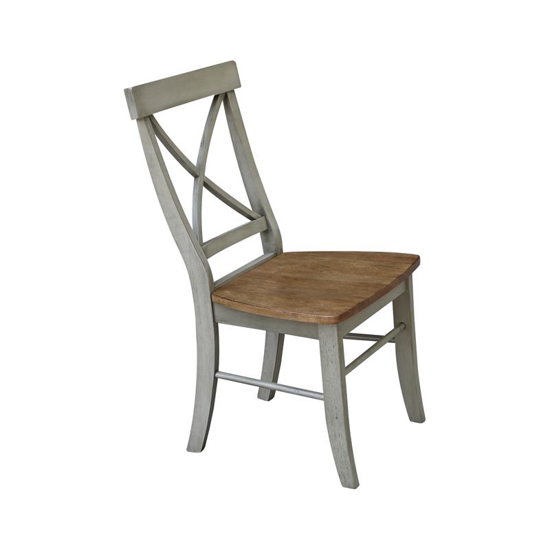 X-Back Solid Wood Chair in Distressed Hickory/Stone - Set of 2 Chairs