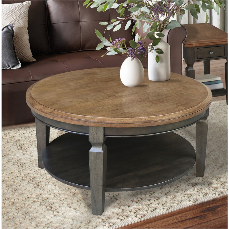 Vista Solid Wood Round Coffee Table in Hickory/Washed Coal