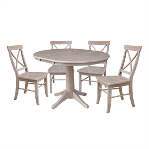 36&quot Round Solid Wood Extension Dining Table with Four Chairs - Washed Gray Taupe