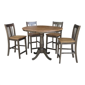 36&quot Round Wood Extension Counterheight Table and 4 Stools in Hickory/Washed Coal