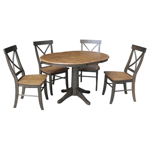 36&quot Round Wood Extension Dining Table with 4 Chairs in Hickory/Washed Coal
