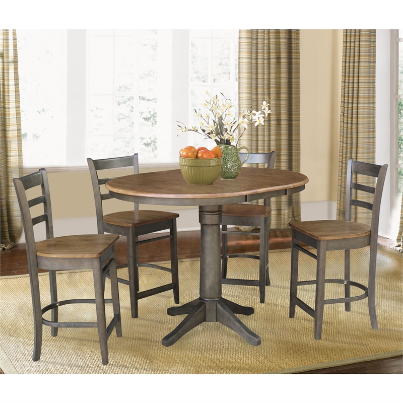 5 Piece Round Wood Counter Height Dining Set in Hickory/Washed Coal