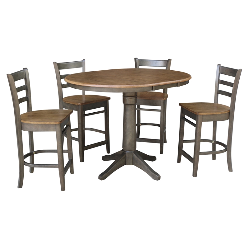 5 Piece Round Wood Counter Height Dining Set in Hickory/Washed Coal