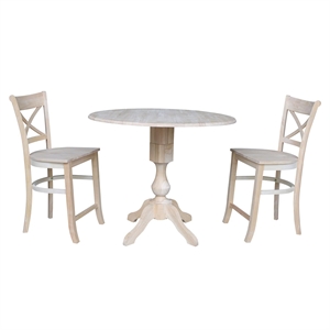 42&quot Round Wood Gathering Height Table with Two Counter Height Stools -Unfinished