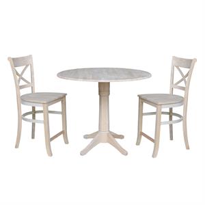 42&quot Round Wood Gathering Height Table with Two Counter Height Stools -Unfinished