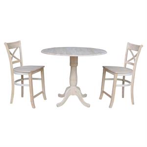 42&quot Round Wood Gathering Height Table with Two Counter Height Stools -Unfinished