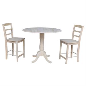 42&quot Round Wood Gathering Height Table with Two Counter Height Stools -Unfinished