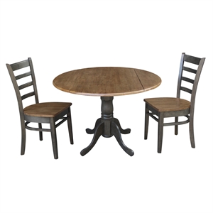 42&quot Wood Drop Leaf Table With 2 Side Chairs in Hickory/Washed Coal - 3 Piece Set