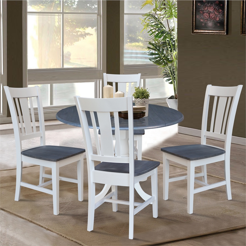 42 in. Dual Drop Leaf Wood Table with 4 Dining Chairs in White/Heather Gray