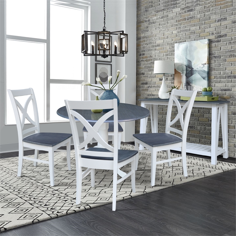 42 in. Drop Leaf Wood Dining Table with 4 X-back Chairs in White/Heather Gray