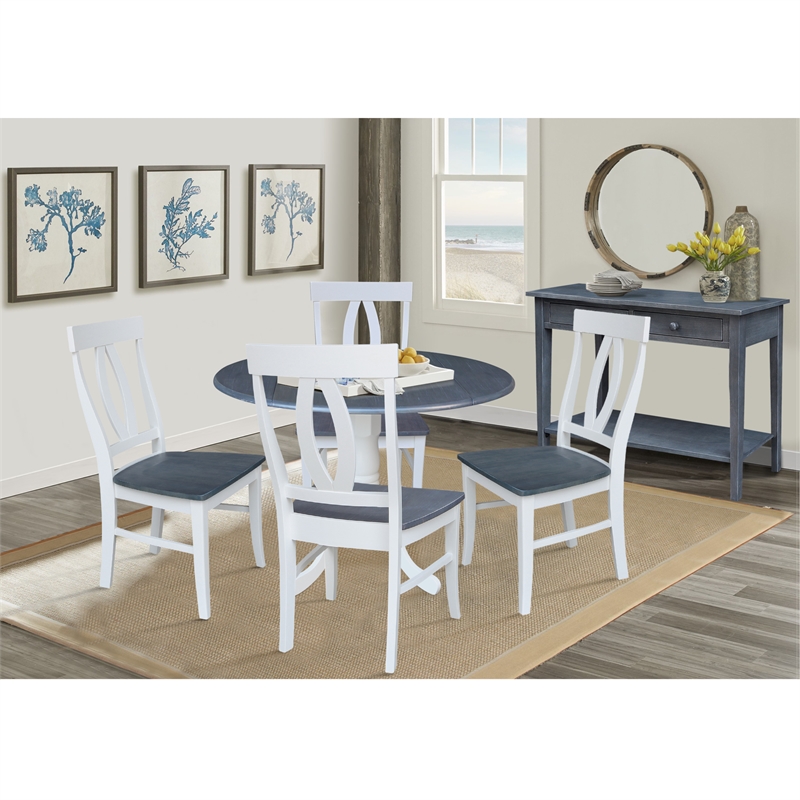 42 in. Drop Leaf Wood Dining Table with 4 Dining Chairs in White/Heather Gray