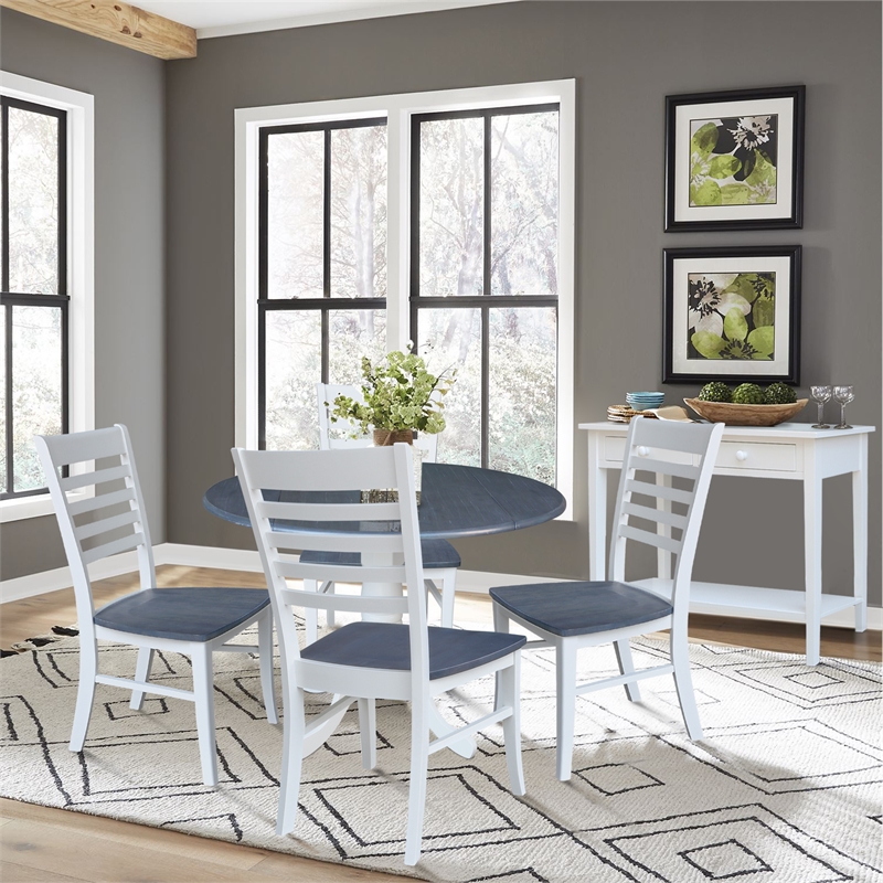 42 in. Drop Leaf Wood Dining Table and 4 Ladderback Chairs in White/Heather Gray