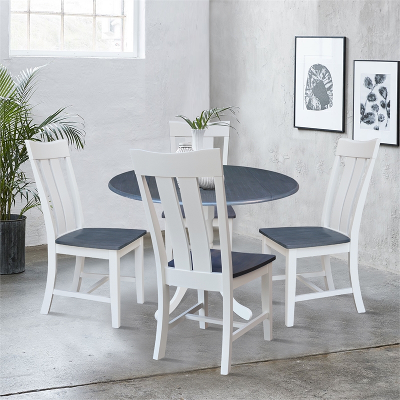 42 in. Wood Drop Leaf Dining Table with 4 Slat Back Chairs in White/Heather Gray