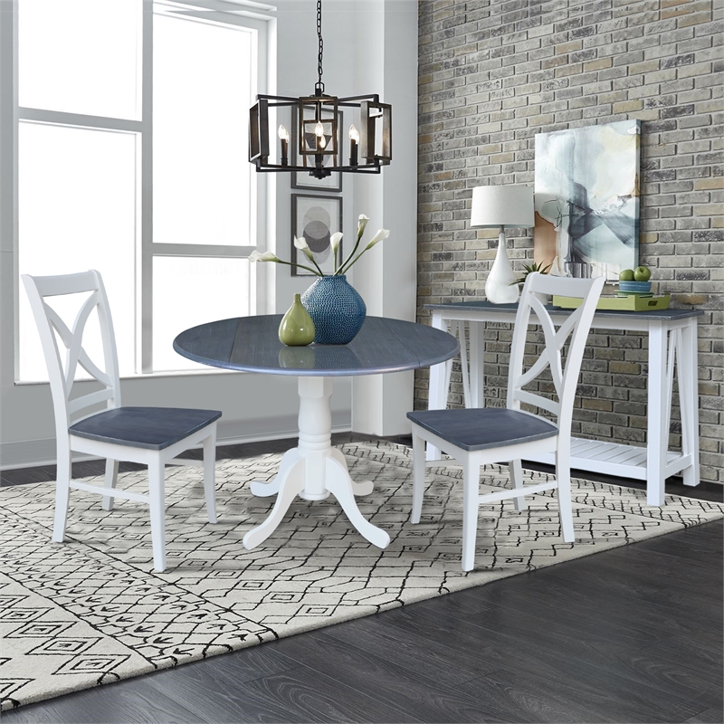 42 in. Drop Leaf Wood Dining Table with 2 X-back Chairs in White/Heather Gray