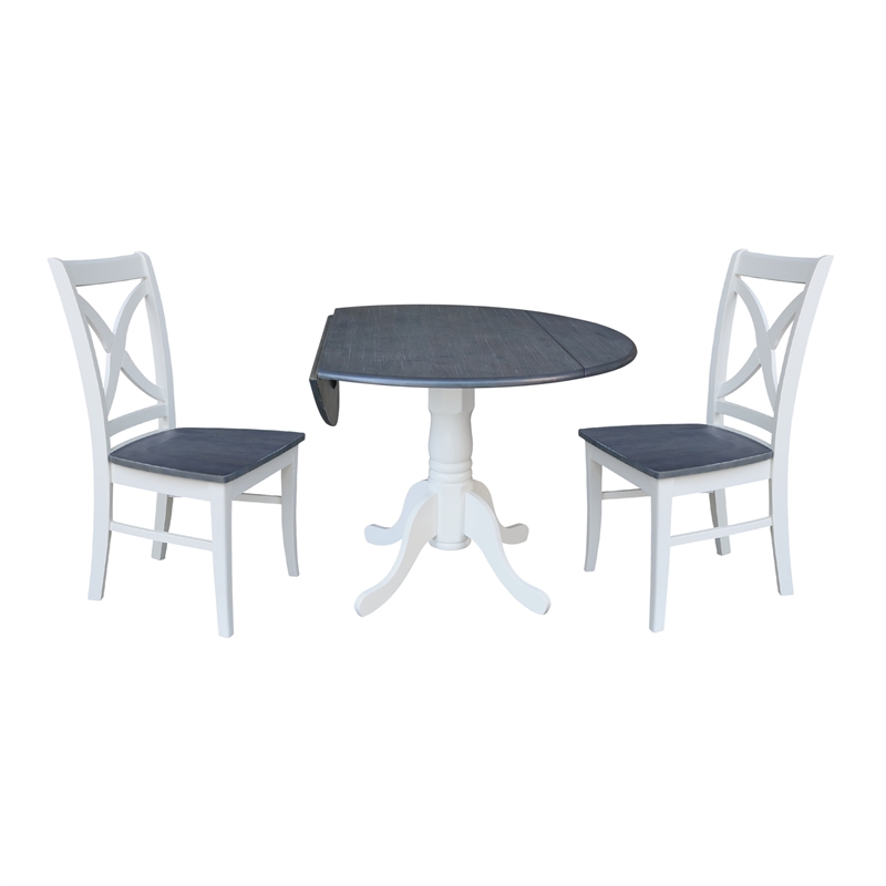 42 in. Drop Leaf Wood Dining Table with 2 X-back Chairs in White/Heather Gray