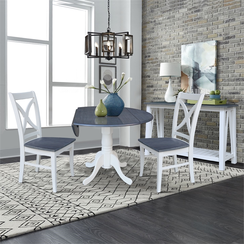 42 in. Drop Leaf Wood Dining Table with 2 X-back Chairs in White/Heather Gray