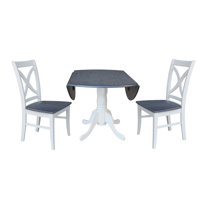 42 in. Drop Leaf Wood Dining Table with 2 X-back Chairs in White/Heather Gray
