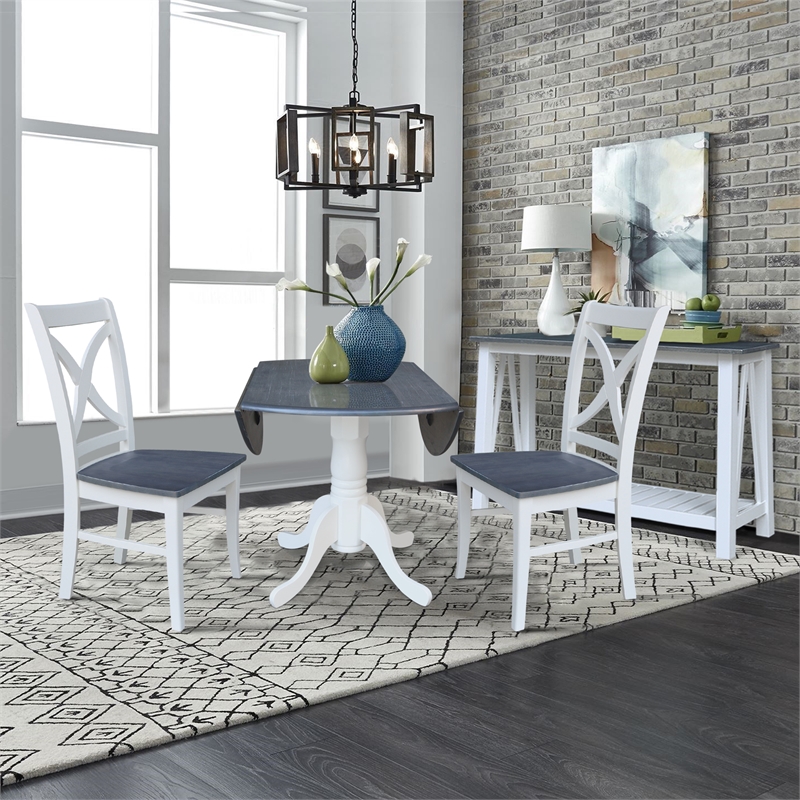 42 in. Drop Leaf Wood Dining Table with 2 X-back Chairs in White/Heather Gray