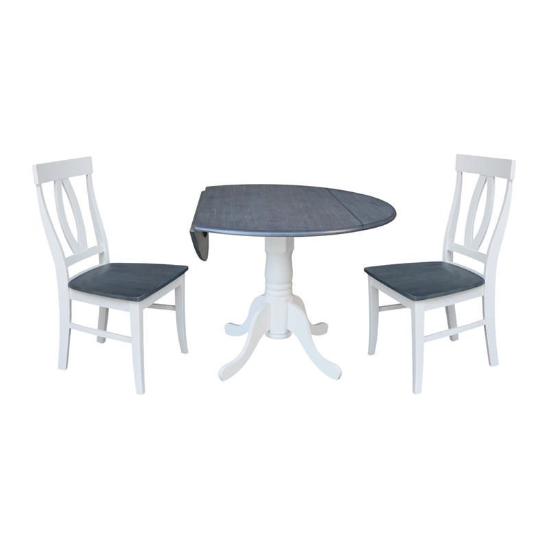 42 in. Drop Leaf Wood Dining Table with 2 Dining Chairs in White/Heather Gray