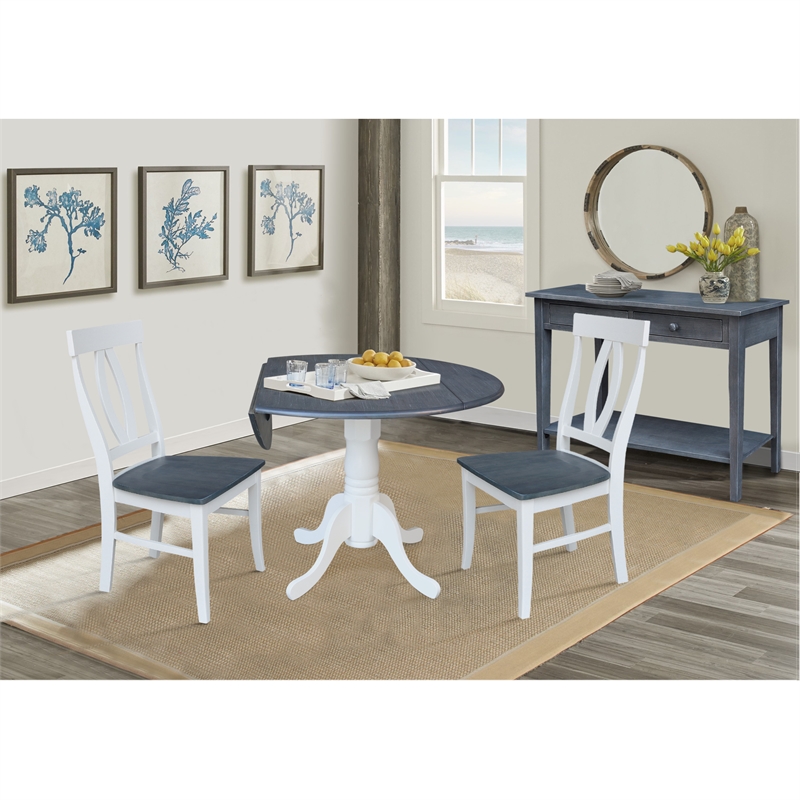 42 in. Drop Leaf Wood Dining Table with 2 Dining Chairs in White/Heather Gray