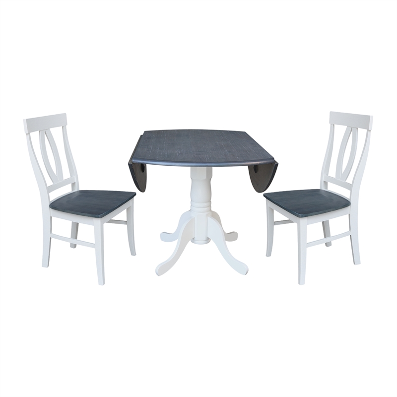 42 in. Drop Leaf Wood Dining Table with 2 Dining Chairs in White/Heather Gray