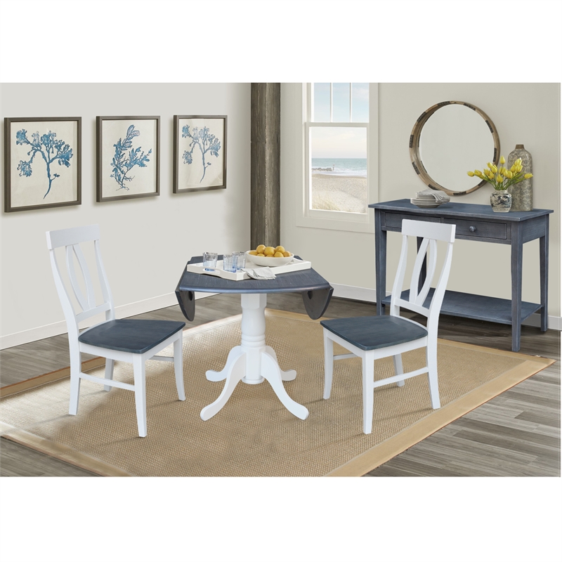 42 in. Drop Leaf Wood Dining Table with 2 Dining Chairs in White/Heather Gray