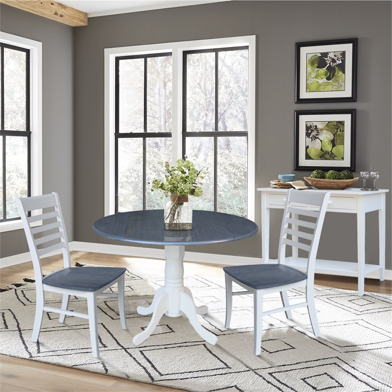 42 in. Drop Leaf Wood Dining Table and 2 Ladderback Chairs in White/Heather Gray