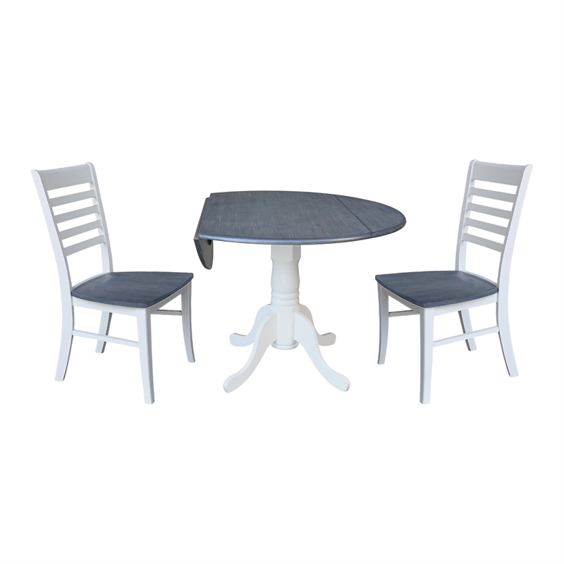 42 in. Drop Leaf Wood Dining Table and 2 Ladderback Chairs in White/Heather Gray