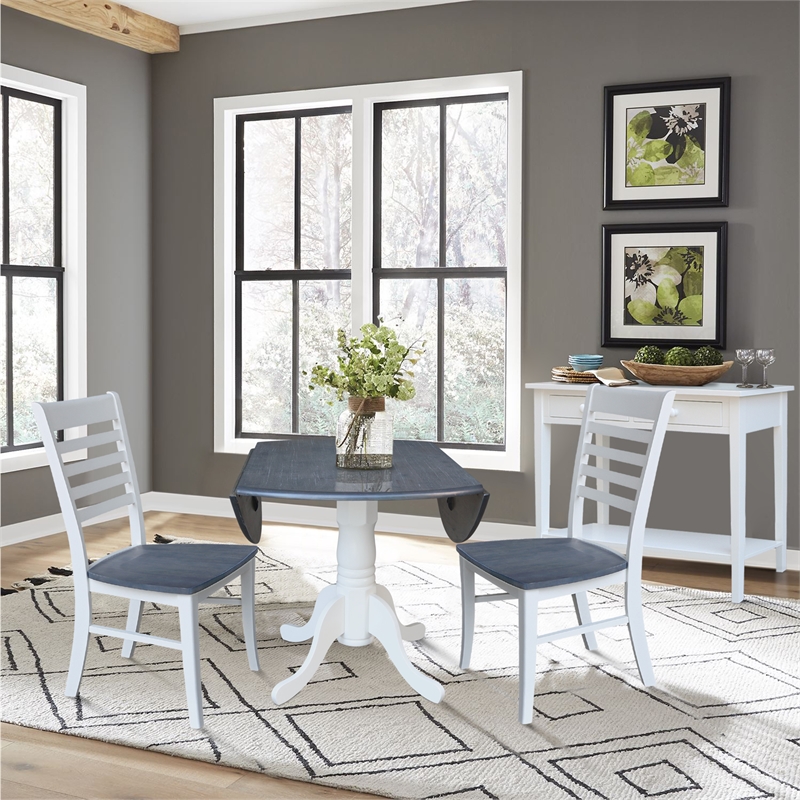 42 in. Drop Leaf Wood Dining Table and 2 Ladderback Chairs in White/Heather Gray